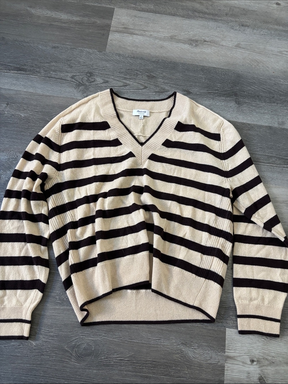 Madewell Cream and Black Striped V-Neck Pullover Sweater
